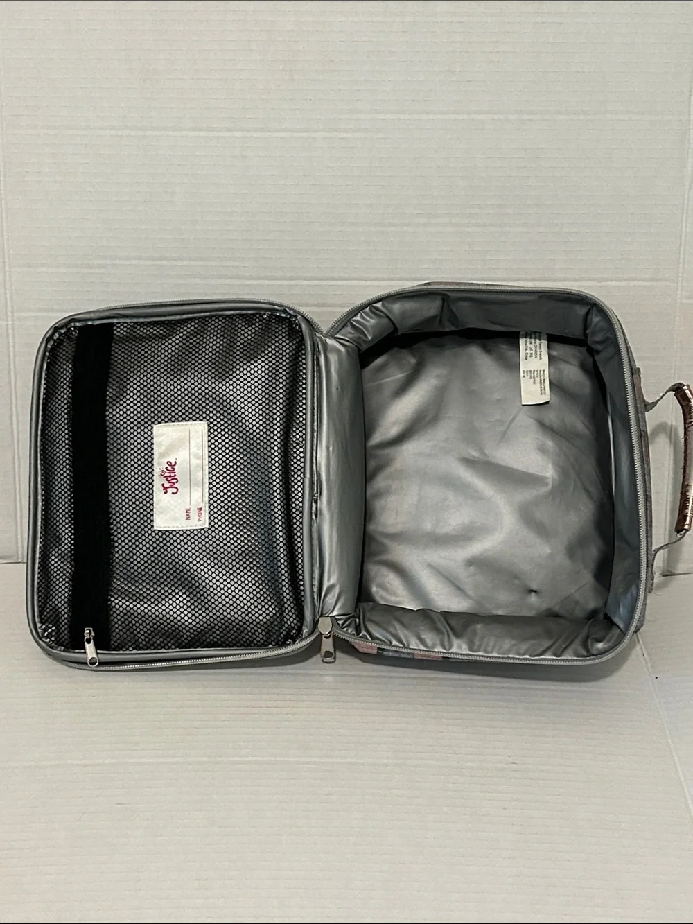 Justice ‘A’ Glitter Gray Backpack & Lunchbox Set with Rose Gold Polka Dots